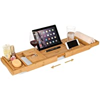 Homfa Bandeja Bañera de Bambú Bandeja de Baño Extensible con Soporte para Vaso Jabón Móvil iPad Libro (75-109) x23x4.5cm